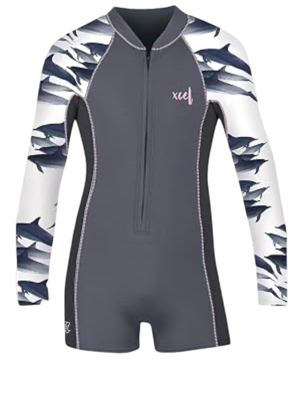 XCEL | Girls' Long Sleeve Shorty Wetsuit - Charcoal w/Dolphin Print Sleeves | 12